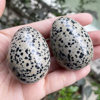 Fekuar Stone Egg Figurine, Polished Healing Crystal Easter Eggs Sphere Sculpture with Wood Stand, Dalmation Jasper, 1.8"