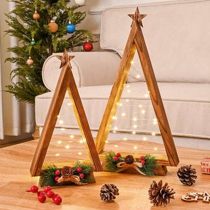 NatuBeau 2 Pcs Triangle Tabletop Wooden Christmas Tree with Lights, Modern Farmhouse Rustic Christmas Decor, Small Lighted Xmas Tree for Kitchen Mantle Shelf Living Room(14.2" Large / 11" Small)