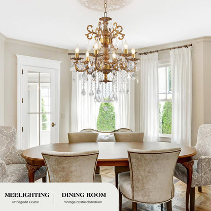 MEELIGHTING Luxury Antique Bronze Crystal Chandeliers with Candle Pendant Ceiling Light Fixture - 6 Lights Gold Crystal Chandelier for Dining Room, Living Room, Kitchen, Bedroom - D23 inch