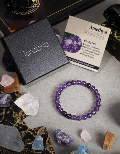 Landorilo Beaded Bracelet for Men Women, 8mm Natural Stone Amethyst Healing Crystal Stretch Bracelets, Ideal Christmas Birthday Jewelry Gifts with Energy Card，Replacement Beads Included