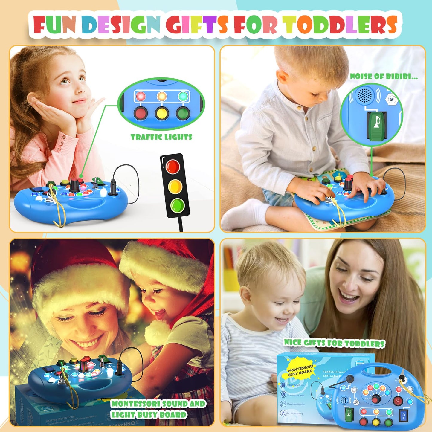 JIWORT Busy Board with LED Light, Montessori Busy Board for 1+ Year Old, Sensory Toys with Sound and Switches, Fidget Board for Kids Electronic Early Development Toys Boys Birthday (Blue)