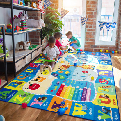 B BENRON 4x6 Playroom Rugs for Kids Washable, Educational and Fun Playmat with ABC Alphabet Animals Shapes Colors, Non-Slip Play Mat Learning Rugs for Baby Toddler Children Game Activity, Blue