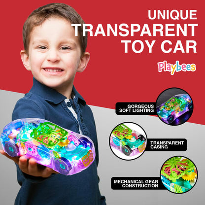 Playbees Light-Up Transparent Car Toy, Toys for Autistic Kids Ages 3-5 Sensory Toy for Kids with Autism Special Needs Toys, Bump and Go Toys for Toddlers Music and LED Effects Great Gift Idea