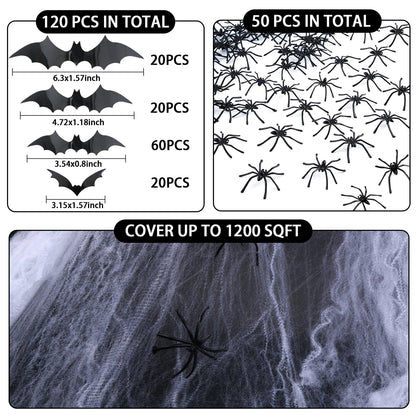 Famoby 1200 sqft Halloween Spider Webs and 120pcs Fake Bats and 50pcs Fake Spiders Super Stretch Cobwebs Party Decorate for Halloween Theme Indoor and Outdoor Decoration