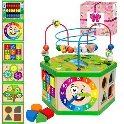 Wooden Activity Cube for 12-18 Month, 1 Year old Boys & Girls, 7-in-1 STEM Montessori Early Developmental Learning Toys for Kids Aged 1-2, Ideal 1st Birthday Gift Toys for Baby, Toddlers (Pink)