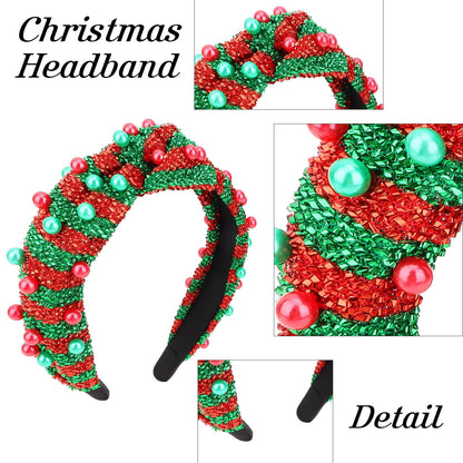 Jaciya Christmas Headband with Red Green Pearl Glitter Festive Knotted Headband for Women Girls Holiday Party Headpiece