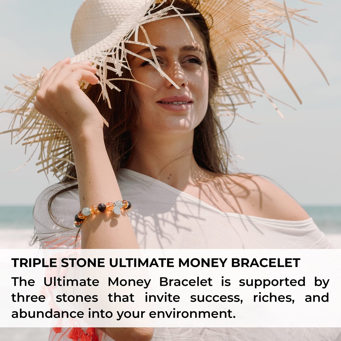 Crystal Agate Triple Stone Money Bracelet - Beaded Stretch Bracelet with Citrine, Red Garnet & Green Aventurine - Meditation, Motivational & Spiritual Gift for Men and Women - 10mm Beads