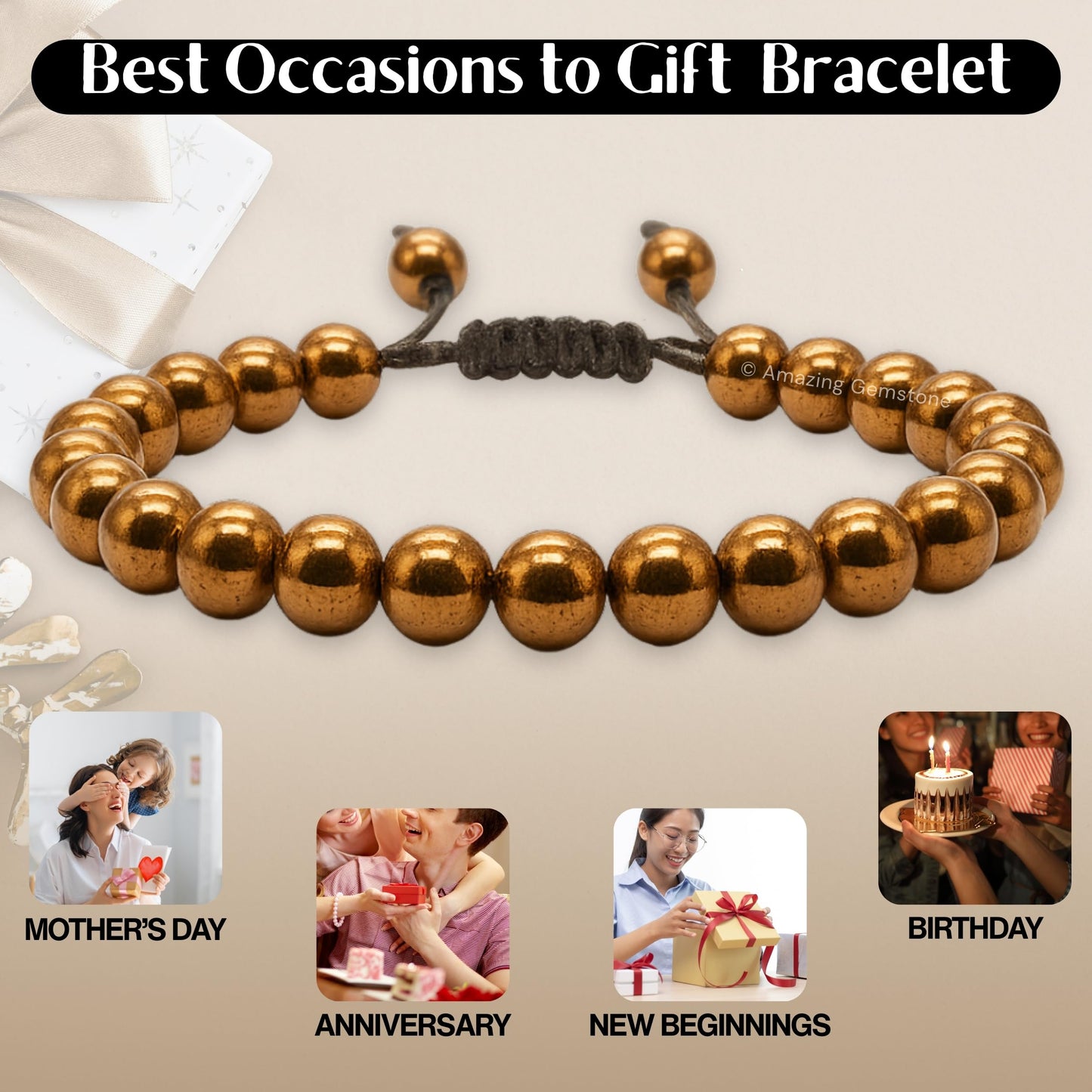 Amazing Gemstone Copper Hematite Bracelet, Gifts For Men & Women - Protection Healing Crystal Bracelet - 8mm Gemstone Beaded Adjustable Bracelet, Pulseras Para Hombres Mujer Stocking Stuffers