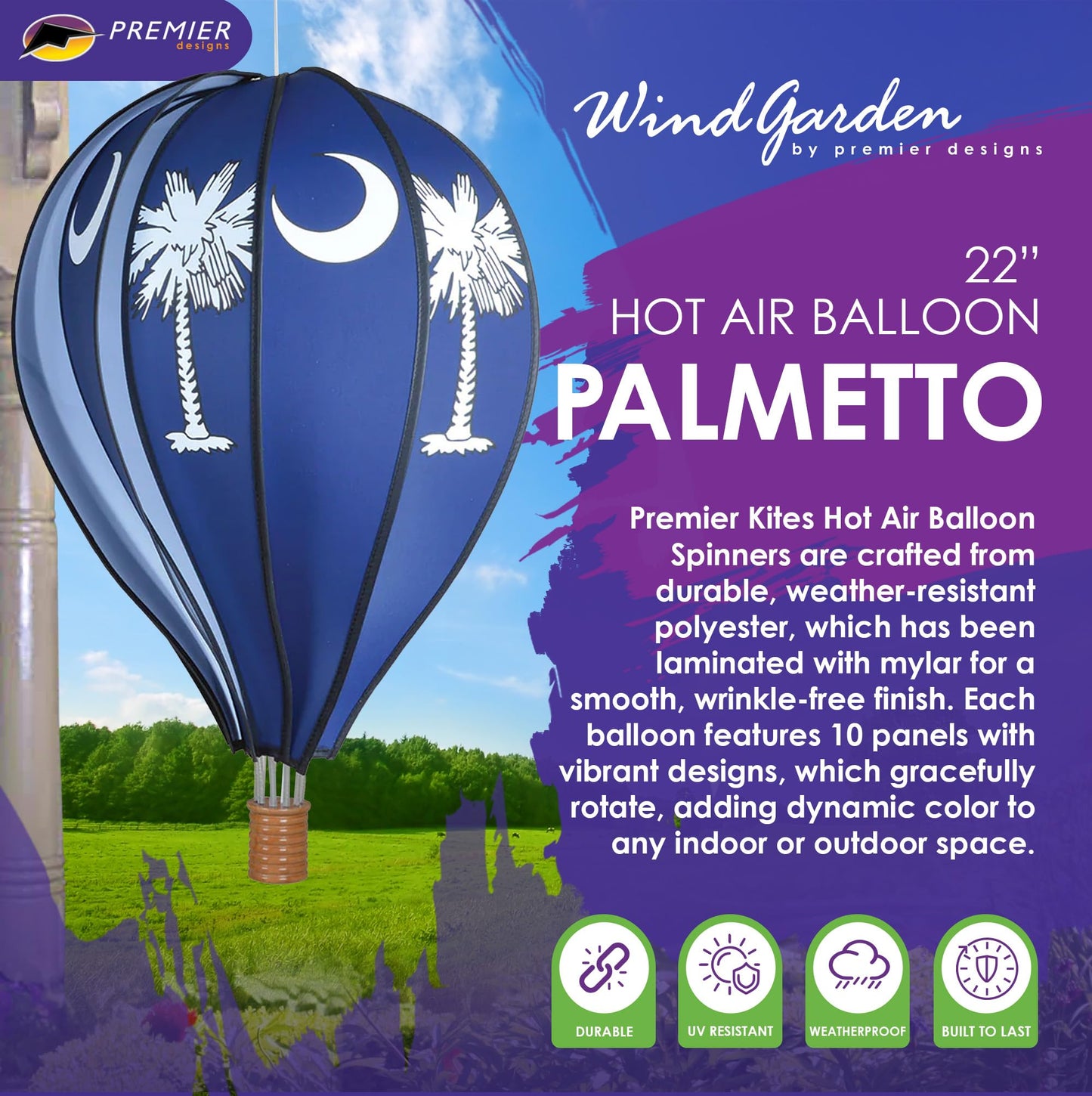 Hot Air Balloon Hanging Garden Spinner 22" - Vibrant Palmetto Design, Weather-Resistant Outdoor Decor, Durable & Lightweight for Patios, Yards, and Gardens - Eye-Catching Wind Spinner