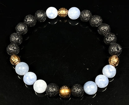 AWAKEN YOUR KUNDALINI Lava Rock & Aquamarine Stretch Bracelet – 8mm Beads, Copper Spacers