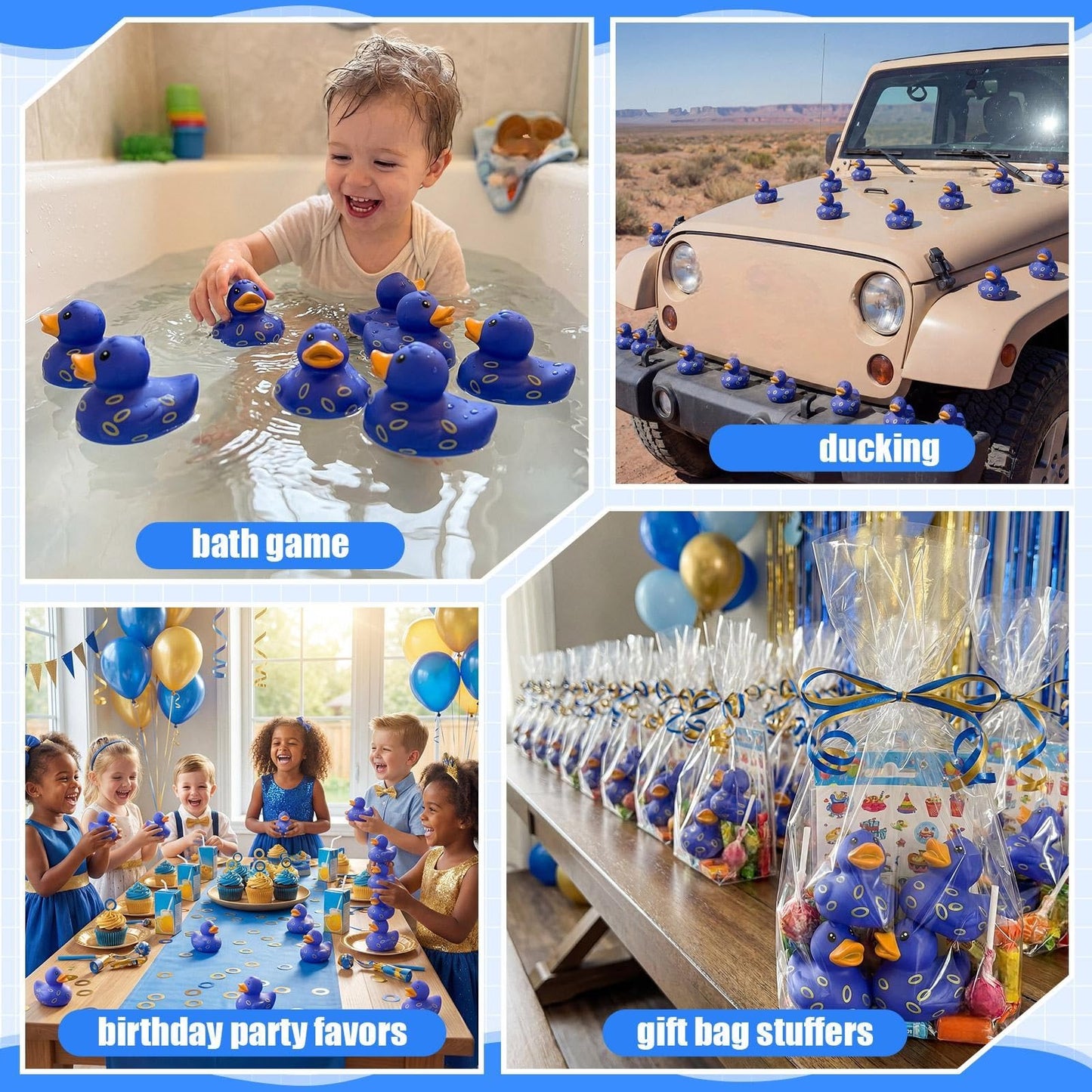 VercanMonth 60 Pcs Blue Gold Ring Party Favors - 2 Inch Rubber Duck in Bulk Mini Duckies for Ducking, Tiny Ducks for Kids Birthday Party Gifts Baby Shower Bath Time Piñata Fillers Gift Bag Stuffers