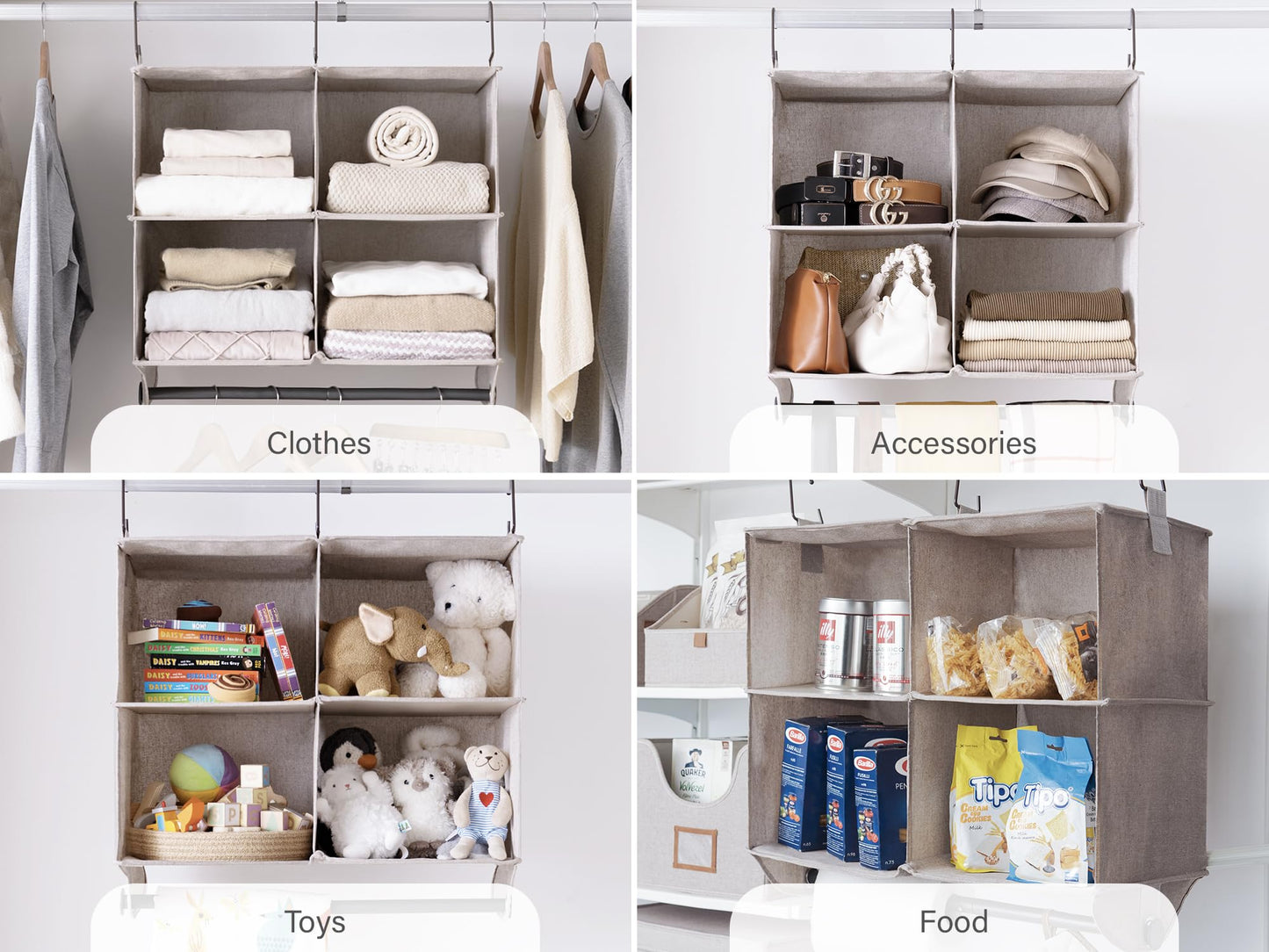 StorageWorks Hanging Closet Organizer with Metal Rod, 4-Section Closet Organizers and Storage, Collapsible Hanging Shelves for Baby Clothes, Shoes, Sweater Storage, Brown and Beige