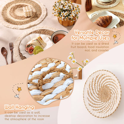 9PCS Boho Wall Baskets Set, Seagrass Rattan Wicker Basket Set, Round Handmade Hanging Basket Decor for Farmhouse Living Room Bedroom Display Table Kitchen Home