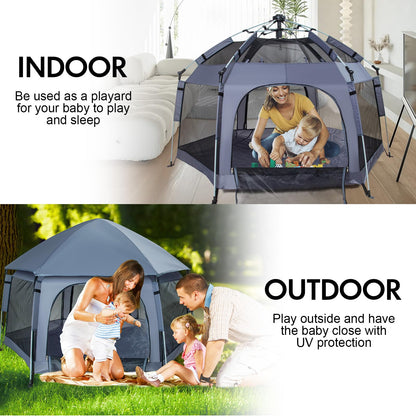 Premium Indoor and Outdoor Baby Playpen - Portable, Lightweight, Pop Up Pack and Play Toddler Play Yard w/Canopy and Travel Bag- Grey