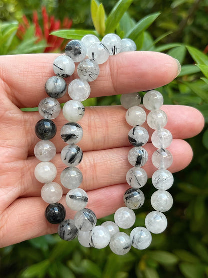 GAF TREASURES Black Rutilated Quartz Crystal Bead Bracelet 8mm, Genuine Black Rutilated Quartz Stretch Gemstone Bracelet, Healing Crystal Bracelet, Gift for Men & Women (1)