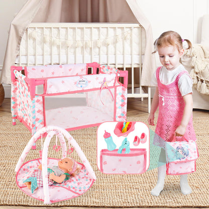 deAO Baby Doll Stroller Playset,5-in-1 with 12-inch Doll Included,Foldable Stroller,Crib Bed & Play Mat - Fits 12 14 Inch Dolls,Pink Travel Toy Set for Toddlers Girls Boys