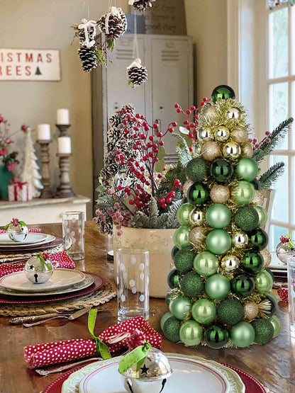 16" Tabletop Christmas Tree Small Green Gold Christmas Tree Decorations with 94 Shatterproof Ornaments Balls Christmas Centerpiece Mini Cone Xmas Tree for Holiday Party Wedding Table Desk Mantel Decor