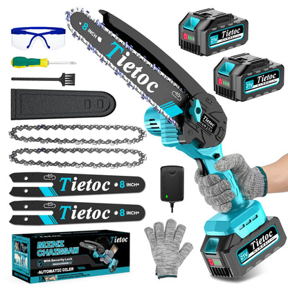 Tietoc Mini Chainsaw 8 inch Cordless with 2x 4000mAh Batteries, Battery Powerd Chain saw with Oiler, Lightweight Handheld Saw for Household & Garden, Gifts for Men, Dad, Husband, Gardener and DIYer