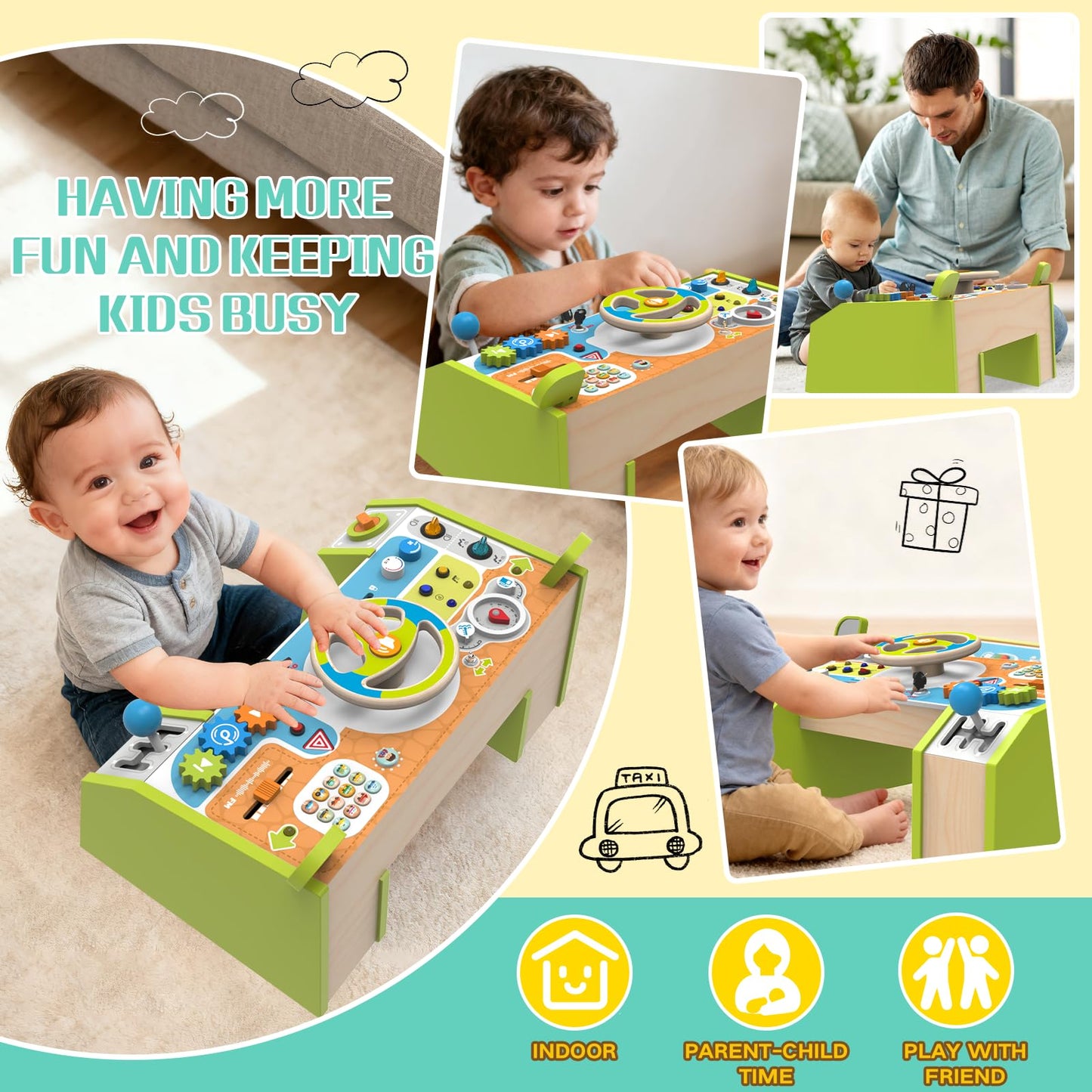 Yuyctwg Montessori Car Busy Board for Toddlers, Wooden Sensory Steering Wheel Activity Baby Toy with Lights, Buttons, Gears & Key Start, Kids Interactive Educational Toys for Boys Girls