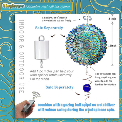 Eiryhope Wind Spinner Mandala Peacock - 12In Laser Cut Stainless Steel Wind Spinners Outdoor, 3D Kinetic Hanging Sculpture, Rustproof Metal Garden Decor Yard Art, Unique Gift for Women, Men, Holidays