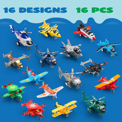 JOYIN 16 Pcs Pull Back Airplane Toys, Boys Plane Playset, Aircraft Incl Helicopter, Fighter, Bomber, Gifts for Toddler Kids 3+ Years Old, Treasure Box Toys for Classroom