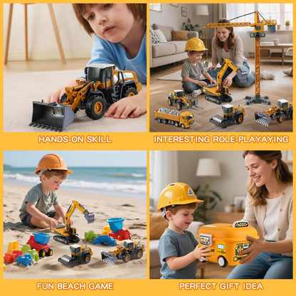 Construction Trucks Toy Set with Yellow Bus Storage and Play Mat – Alloy Inertia Driving Simulation Model Engineering Toys with Scenario Accessories – Ideal Gifts for Ages 3-8, Boys and Girls (5 in 1)