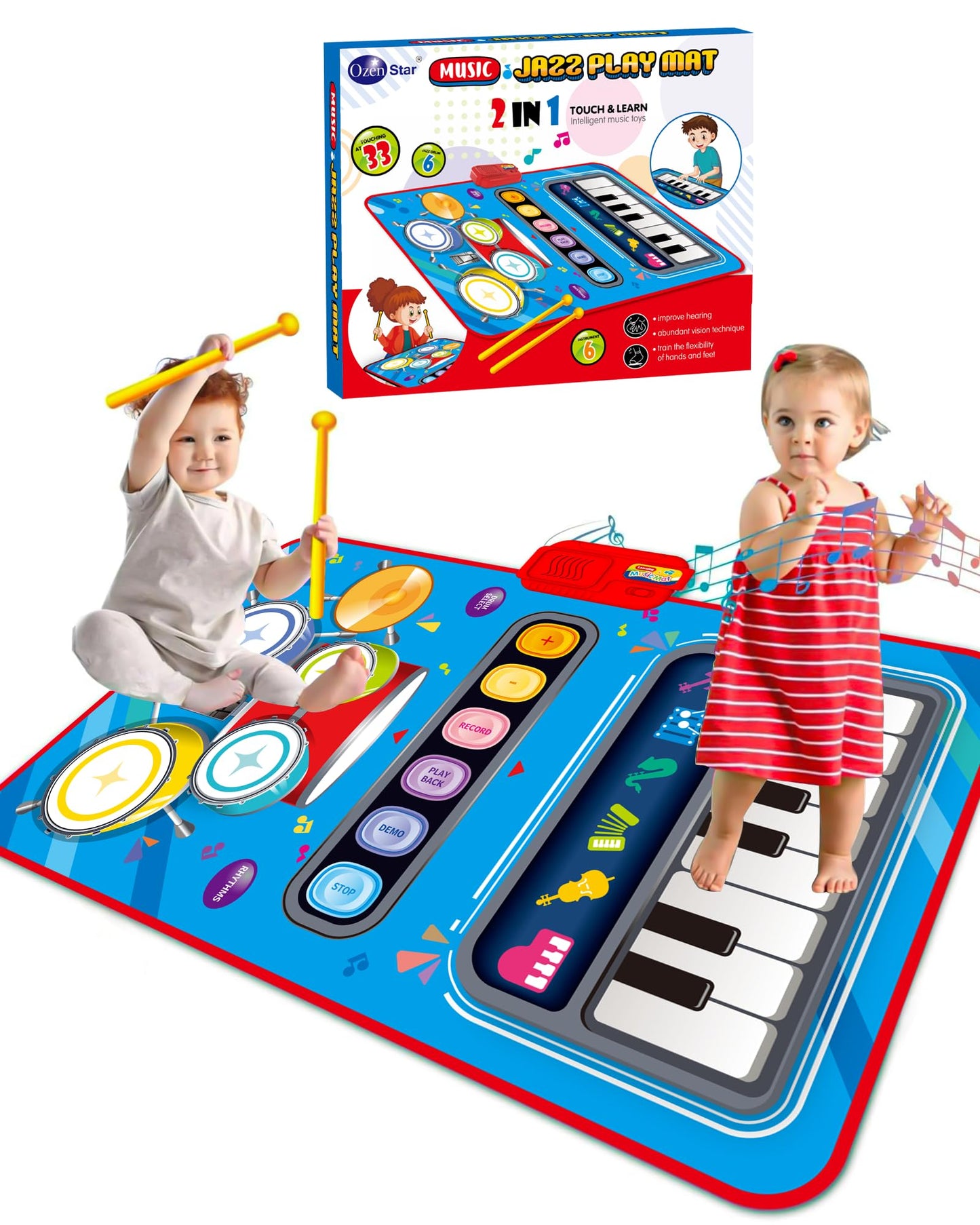 DQMOON Toys for 1 Year Old Boy Gifts, Baby Musical Mat with Piano & Drum, Adjustable Volume, 12-18 Months Toddler Toys, Christmas Birthday Easter Gifts for 1-2 Year Olds Boys Girls (Blue)