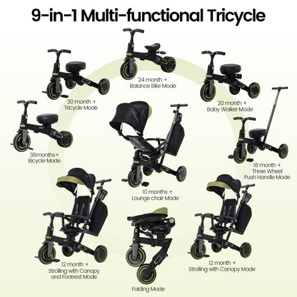 Aneco 9-in-1 Multi-functional Baby Tricycle for Toddlers 10 Months-3 Years with Removable Canopy Rotatable Seat Safety Harness Wheel Brake Adjustable Push Handle Storage Bag Cup Holder Black and Green