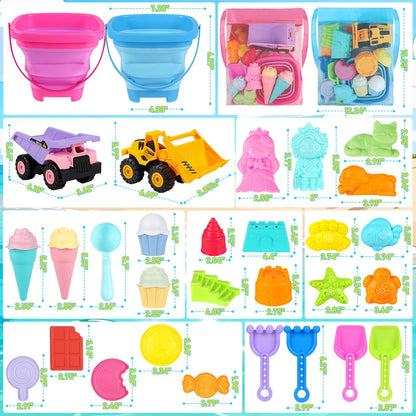 EULRGAUS Beach Toys, 36 PCS Sand Toys with Construction Vehicles, Collapsible Bucket, Princess & Prince and Ice Cream Toys, Sand Castle Building Kit, Beach Shovel, Beach Games for Kids, Boys and Girls