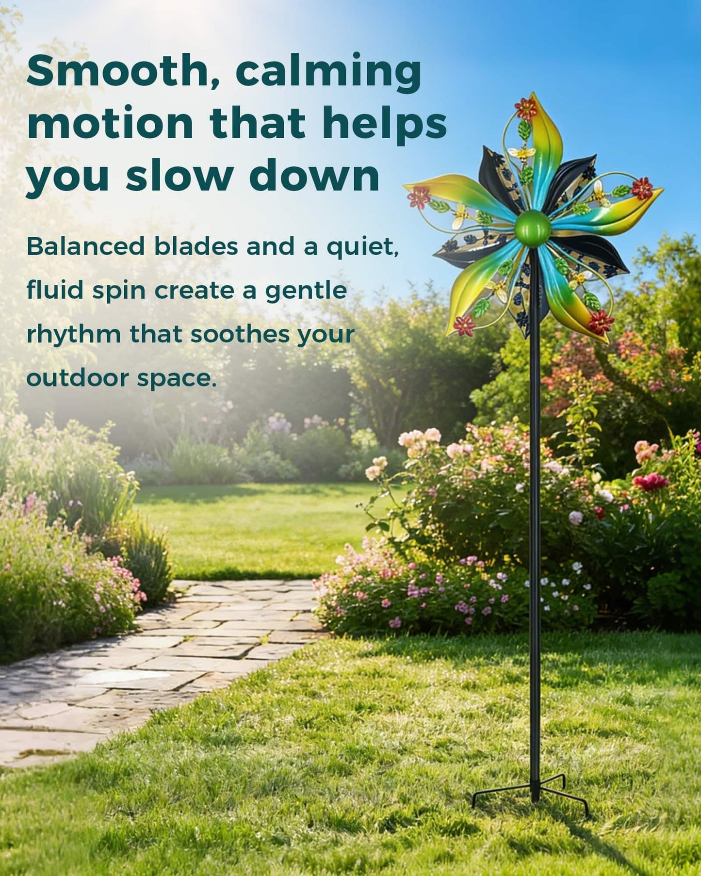 Gronhof Wind Spinners Outdoor,Kinetic Wind Sculptures & Spinners, 57" Double-Side Metal Wind Spinner for Yard and Garden, Lawn Art Decorations Flower & Bee