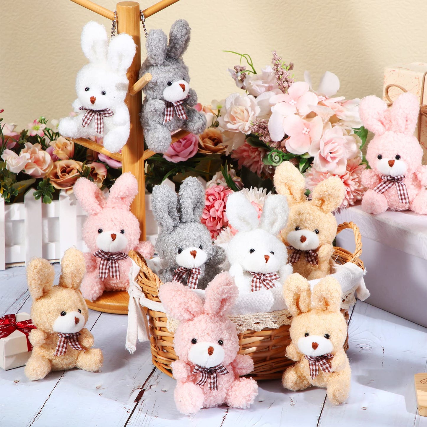 Sotiff 24 Pcs Plush Bunny Stuffed Animal Gift Bulk 4.7 Inch Mini Bunnies Keychain Doll Furry Rabbit with Bow Tie for Birthday Baby Shower Party Favor Classroom Rewards(Classic Color)