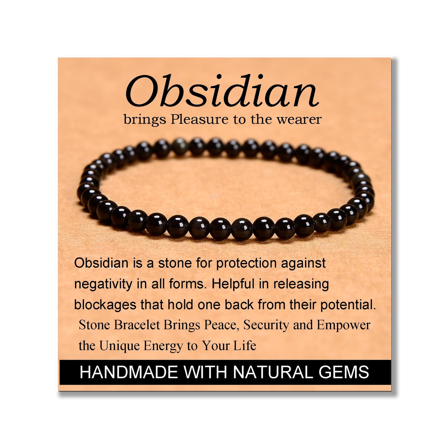 MASSIVE BEADS Black Obsidian - Stone of Pleasure - Handmade Yoga Stretch Elastic Bracelet Natural Stone Crystal Healing Power Energy Gifts for Unisex Adult 4mm