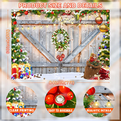 Christmas Photo Backdrop for Photography, Rustic Barn Wood Door Backdrops for Photoshoot, Xmas Tree Snow Red Gift Christmas Party Decorations 7x5ft