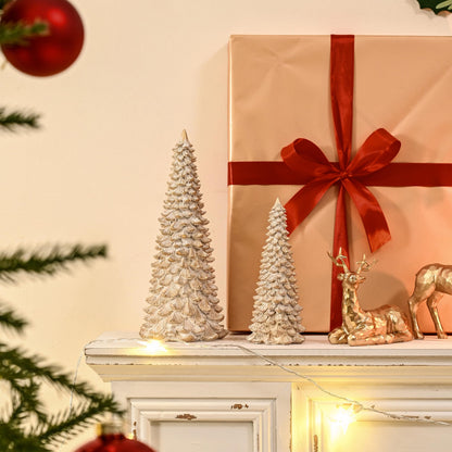 AOMOONOA Resin Christmas Tree Figurines, 2Pcs Distressed White with Gold Table top Christmas Trees, Small Christmas Tree Figurine Set, Decorative Xmas Trees for Rustic Christmas Decor