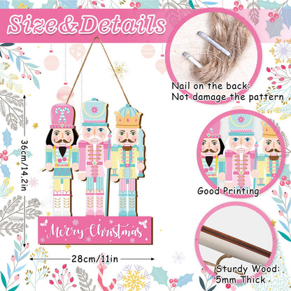 Whaline Christmas Wooden Hanging Sign Xmas Pink Blue Nutcracker Welcome Wood Sign Holiday Door Decor Signs for Indoor Outdoor Porch Wall