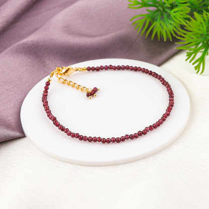 Natural Beaded Bracelet Birthstone Gemstone Jewelry, 2-2.5 mm Faceted Beads, Hypoallergenic 8 Inch Gold Plated Handmade Crystal Dainty Bracelets For Women (Red Garnet)