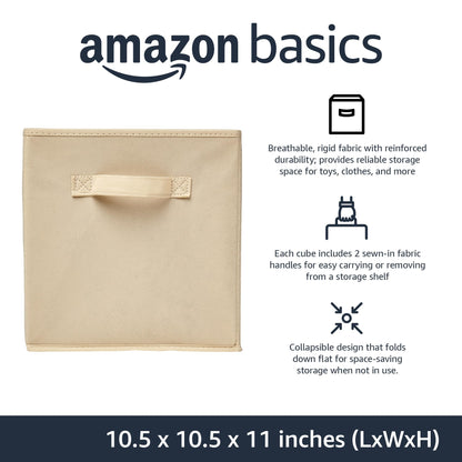 Amazon Basics Collapsible Fabric Storage Cubes Organizer with Handles, Sturdy Storage Bins for Organization, 10.5" x 10.5" x 11", Beige, 6-Pack