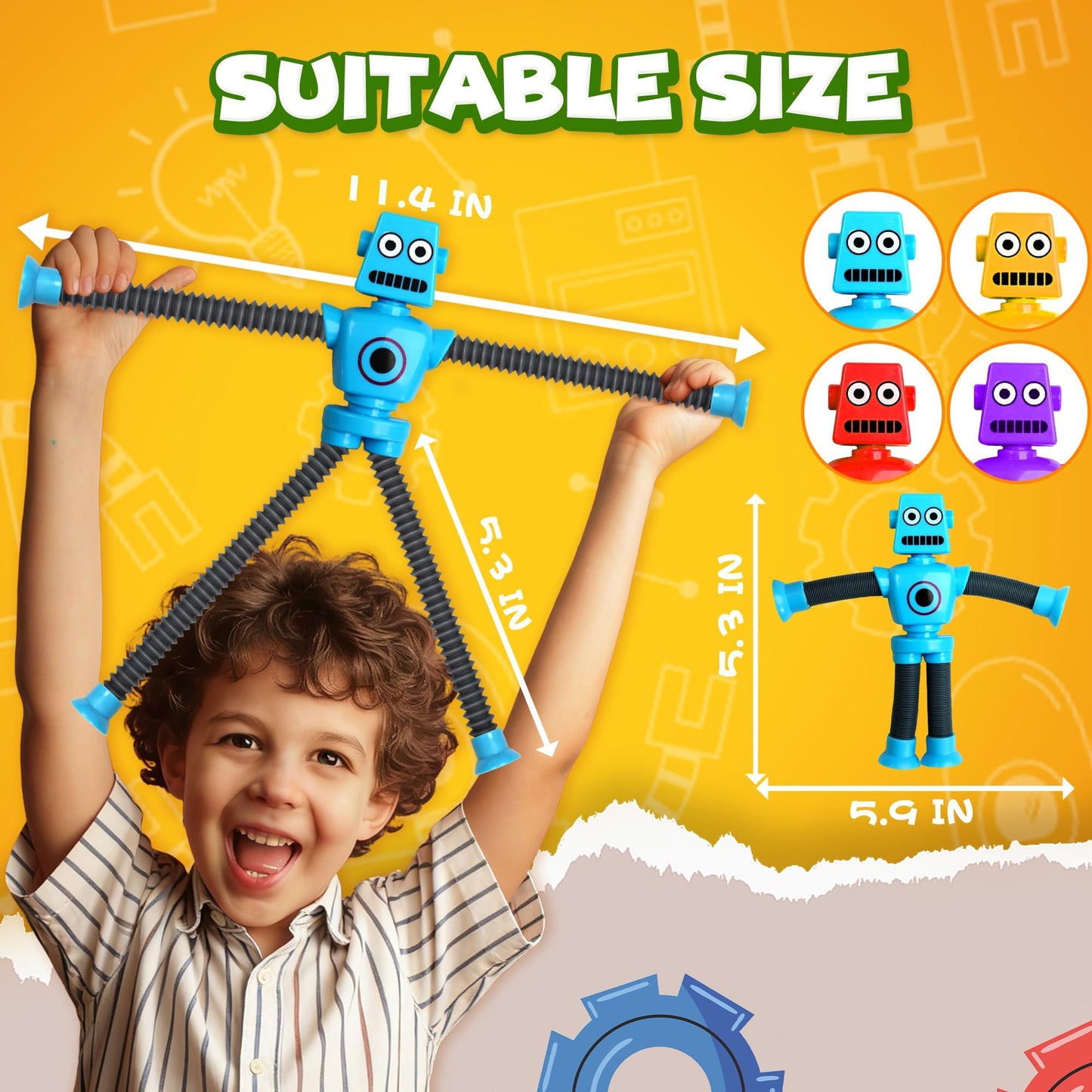 Robot Sensory Travel Roadtrip Toys 4Pcs for Toddlers Kid Boy Year Old Ages 3 4 5 6 7 8 9,Airplane Activities Suction Autism Pop Tube Fidget Toys Autistic Stocking Easter Basket Stuffer Valentine Gift