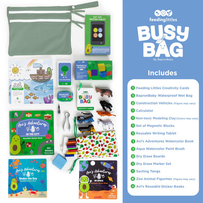 BapronBaby Feeding Littles Busy Bag (Sage) - Toddler Travel Activity Kit with Bonus Stickerbooks, Restaurant Activity Kit for Independent and Family-Wide Play, Age 3+