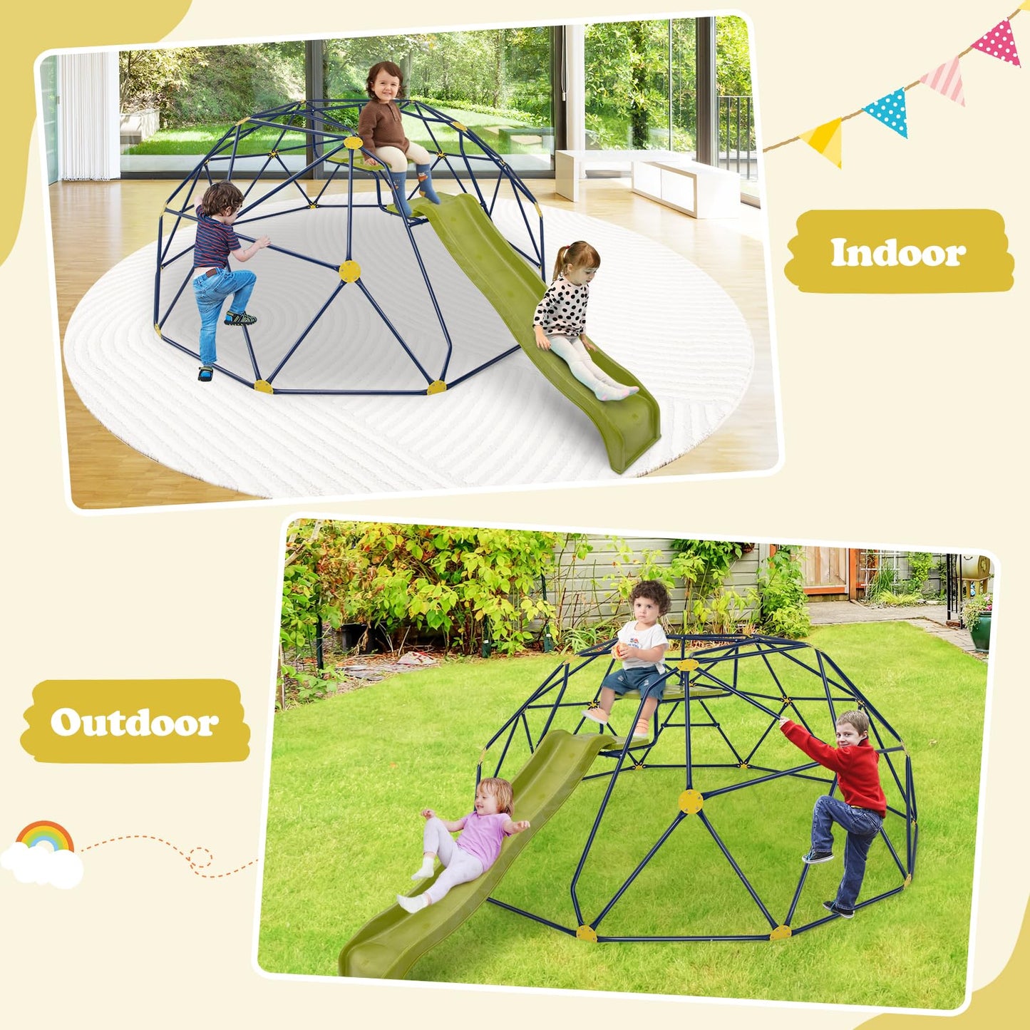 HONEY JOY Climbing Dome with Wave Slide, 13.3 FT Jungle Gym Monkey Bar for Backyard, Outdoor Climbing Toys for Toddlers Playground Equipment, Geometric Dome Climber for Boys Girls Age 3-8, Gift