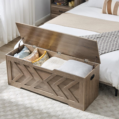 XDliv 47.2” Storage Bench,Extra Large Wooden Storage Chest with 2 Safety Hinges,entryway Bench,Blanket Storage,Shoe Storage Bench for Entryway,Bedroom,Living Room,Easy Assembly.-Greige