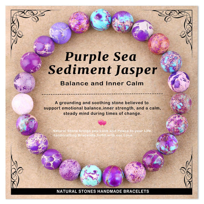 AD Beads 8mm Handmade Purple Sea Sediment Imperial Jasper Elastic Bracelet – Natural Gemstone for Joy & Positivity – Meditation, Yoga, Healing and Energy Gift for Men Women