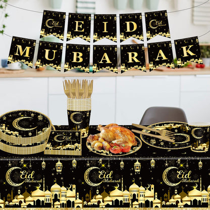 98PCS Eid Mubarak Party Supplies Black and Gold Ramadan Tableware Set Ramadan Mubarak Paper Plates and Napkins Eid Mubarak Party Decorations Eid Al-fitr Party Disposable Dinnerware Set for 16 Guests