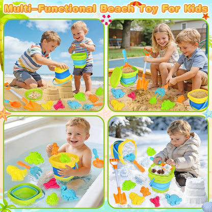 AuroTops Beach Toys for Kids,Collapsible Beach Buckets and Shovels Set with Mesh Bag,Sand Rake Toy,Cute Sand Molds for Kids and Toddlers Outdoor Toys,Summer Travel Beach Game Set