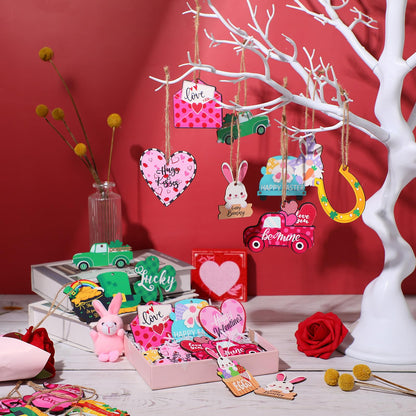 Jutom 108 Pcs Valentine's Day Wooden Tree Hanging Decorations St. Patrick's Day Easter Hanging Tree Ornament Bulk Holiday Wooden Decor for Seasonal Festive Party Favor Gift Supplies (Classic Style)