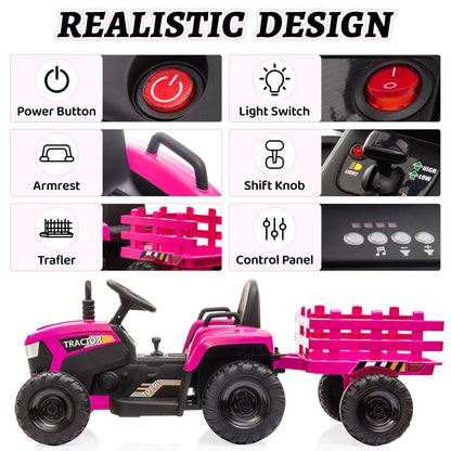 TOBBI Kids Electric Ride On Toy Tractor, Toddlers 12V Battery-Powered Car to Drive, 35W Dual Motor 6-Wheels Trailer Vehicle with 3-Speeds/LED & Horn Functions for Chirdren Aged 3-8-Pink