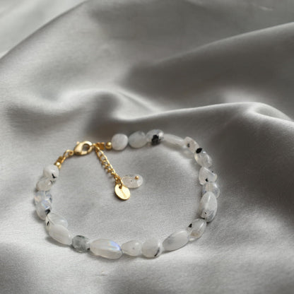 Gempires Moonstone Tourmaline Beaded Bracelets Oval Crystal Gemstone Jewelry Hypoallergenic 8 Inch Gold Plated Dainty Women Fashion Jewelry