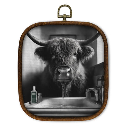 WULQYING Funny Highland Cow Bathroom Wall Art Decor, Highland Cow Framed Canvas Art Prints, Black and White Farmhouse Farm Animal Wall Hanging Decor for Home Bathroom Washroom Restroom, 5.7x6.5 Inches