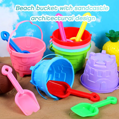Didaey 30 Set Beach Sand Buckets and Shovels, Include Sand Pail Bucket 6 Colors with Castle Design Inside and Shovels for Boys Girls Summer Party (5.5 x 4.7 Inch)
