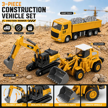 Unimoly Alloy Mini Construction Vehicles, 3Pcs Die-cast Metal Toy Set with Pull Back Action - Excavator, Dump Truck, Bulldozer for Toddlers & Kids 3 4 5 6 7 Years Old Boys Toys